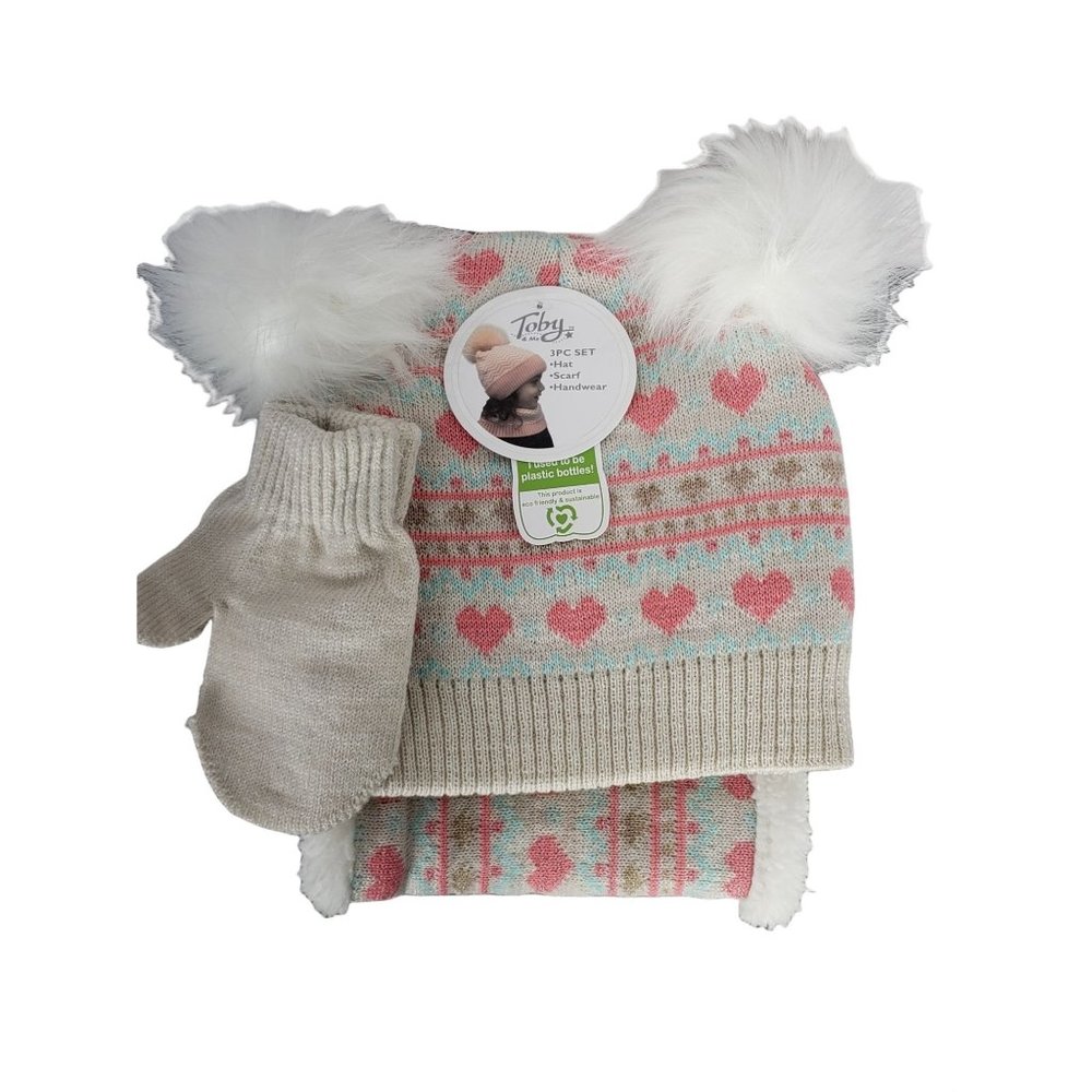 Toby Me Girls 3 Piece Infinity Scarf Handwear Teal Tan Pink Heart Fur PomPom Hat